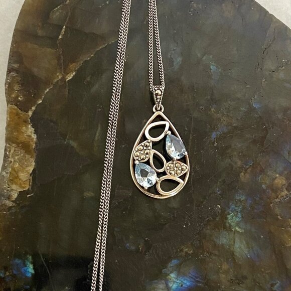 Sterling Silver 925 SLC Blue Topaz Marcasite Teardrop Pendant Necklace 18" Chain - Picture 15 of 16